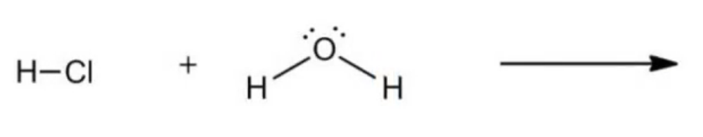 Chemical reaction setup showing hydrogen chloride and water molecules with an arrow indicating product formation.
