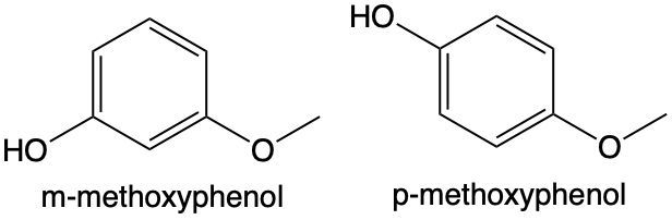 Chemical structures of m-methoxyphenol and p-methoxyphenol for acidity comparison.