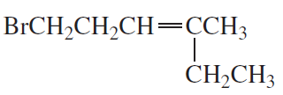 Structural formula of an organic compound with a bromine atom and a double bond, showing carbon chain and branching.