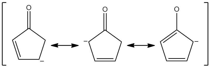 Three resonance structures of a compound with a hydroxyl group and a pentagonal ring, showing electron movement.