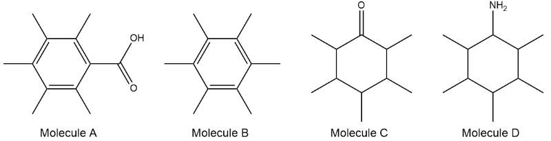 Chemical structures of Molecule A, B, C, and D for IR spectrum matching.