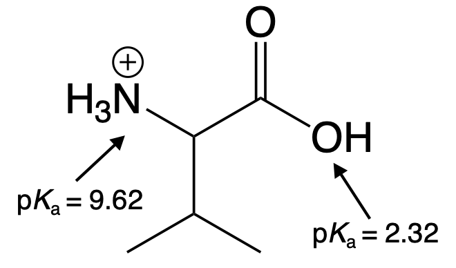 Diagram showing pKa values for valine's carboxylic acid and protonated amine groups.