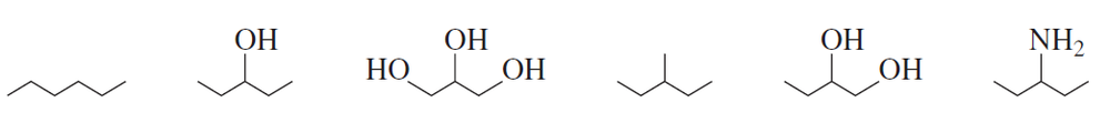 Structural formulas of six organic compounds, illustrating varying functional groups for boiling point comparison.