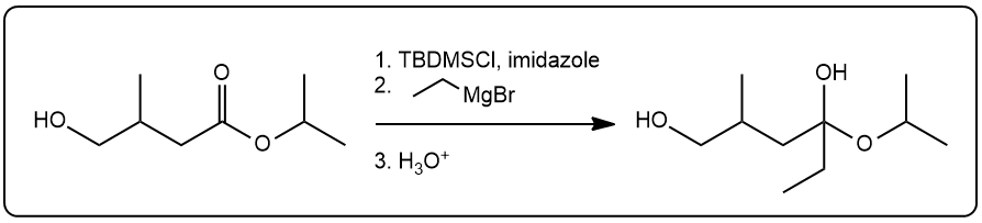 Reaction scheme showing steps with TBDMSCl, imidazole, and MgBr for compound preparation.