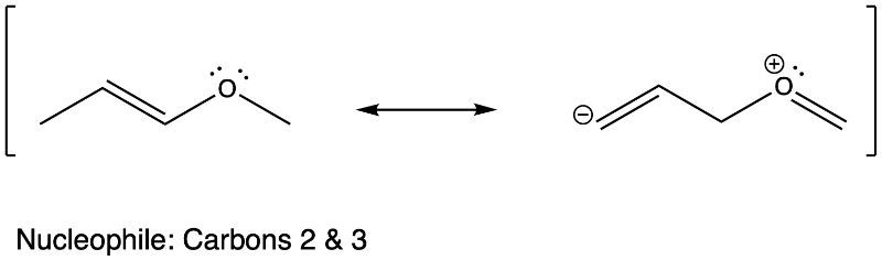 Resonance structure with nucleophiles at carbons 2 and 3 and lone pair on oxygen.