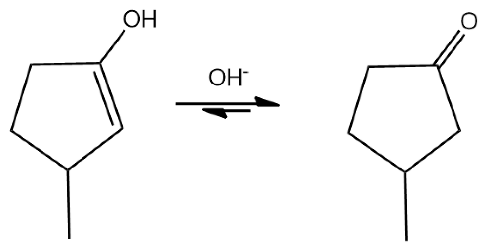 Reaction showing enol isomerizing to a carbonyl compound in organic chemistry.