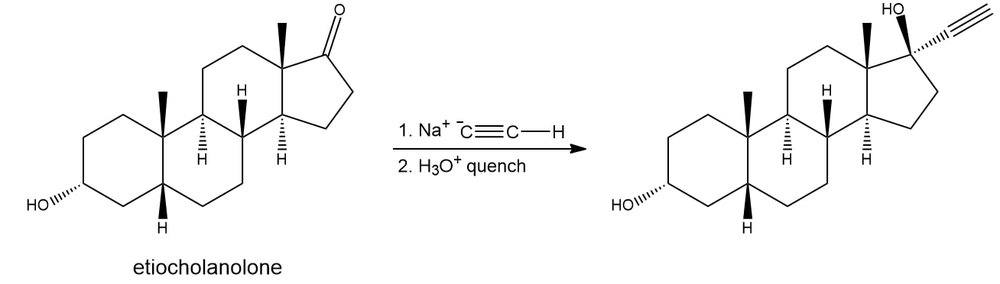 Reaction scheme showing sodium acetylide reacting with etiocholanolone and acid quenching.