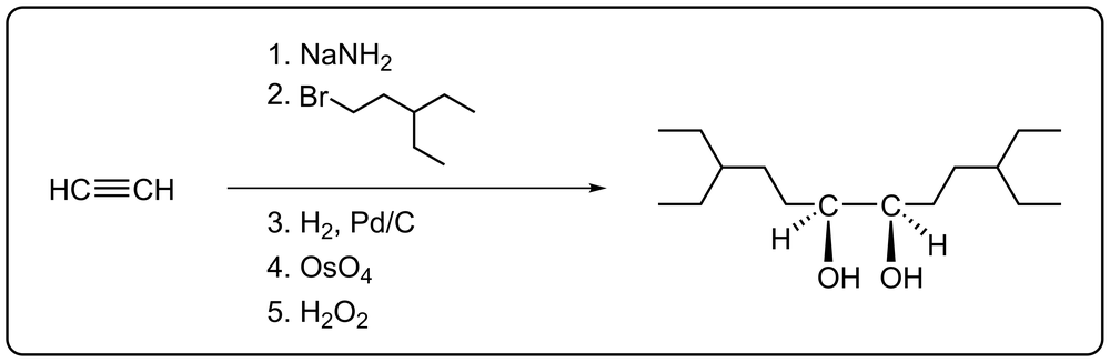 Reaction scheme showing reagents to convert acetylene and 1-bromo-3-ethylpentane into meso-3,10-diethyldodecane-6,7-diol.