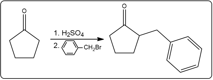 Enolate alkylation reaction using sulfuric acid and a benzyl halide.