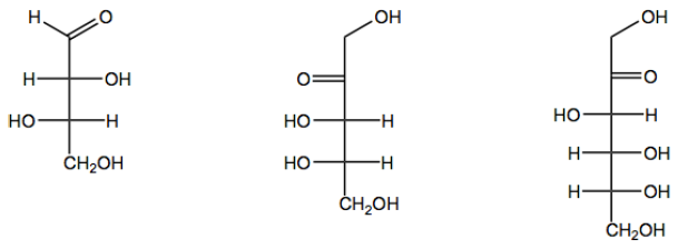 Structural formulas of three monosaccharides showing hydroxyl and carbonyl groups with stereochemistry indicated.