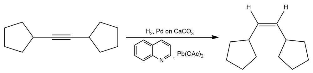 Chemical reaction showing alkyne hydrogenation to cis-alkene using Lindlar catalyst.