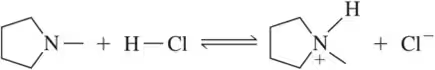 Chemical reaction diagram showing the equilibrium between a nitrogen-containing compound and hydrochloric acid, producing a protonated nitrogen and chloride ion.