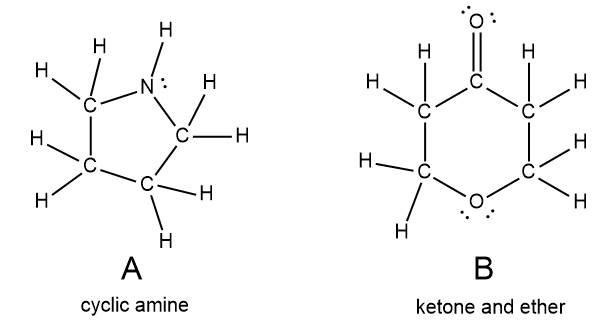 Lewis structures of a cyclic amine and a ketone with ether.