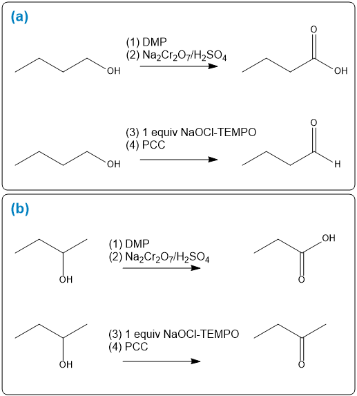 Reaction schemes for butan-1-ol and butan-2-ol with various oxidizing agents.