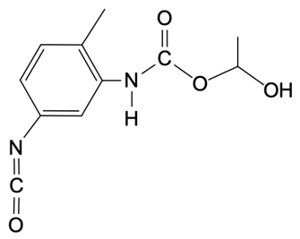 Chemical structure of a monomer formed from toluene diisocyanate and ethylene diol.