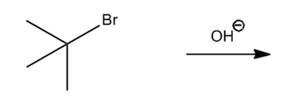 Organic molecule with bromine reacting with hydroxide ion, showing an E2 elimination reaction mechanism.
