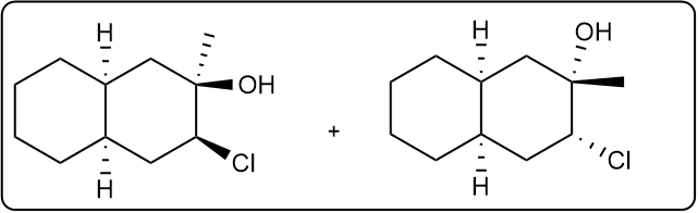 Reaction showing the formation of halohydrin with Cl2 and H2O, producing a compound with OH and Cl.