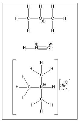 Lewis structures for (CH3)2OH+, HNC, and (CH3)3NHBr with formal charges.