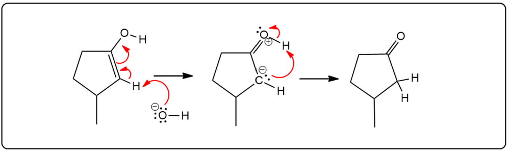 Another view of the enol to carbonyl transformation mechanism with arrows.