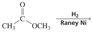 Chemical structure showing a carbonyl group with methyl and methoxy groups, indicating a reaction with hydrogen and Raney nickel.