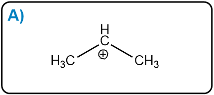 Carbocation structure A with a central carbon bonded to two methyl groups and a positive charge.