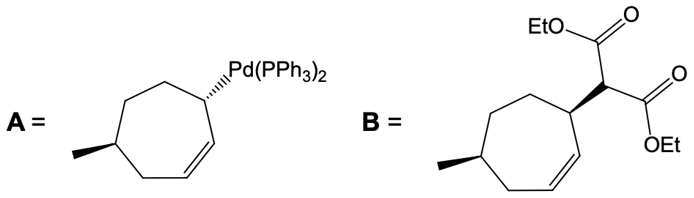 Structures of organopalladium compound A and coupling product B for the reaction.