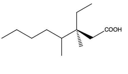 Chemical structure of (S)-6-ethyl-5,6-dimethyloctanoic acid with a carboxylic acid group.