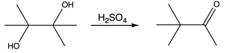 Reaction of a diol to a ketone using sulfuric acid, showing reactants and products.