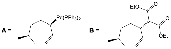 Structures of organopalladium compound A and coupling product B for the reaction.