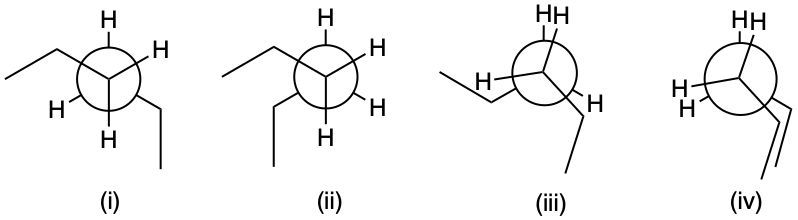 Newman projections of alkanes showing four conformations labeled (i) to (iv) for stability comparison.