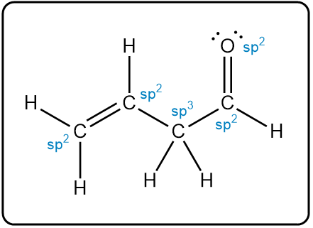 Annotated Lewis structure of 3-butenal with hybridization labels for each atom.