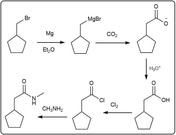 Synthetic pathway for carboxylation with steps and reagents, similar to previous image.