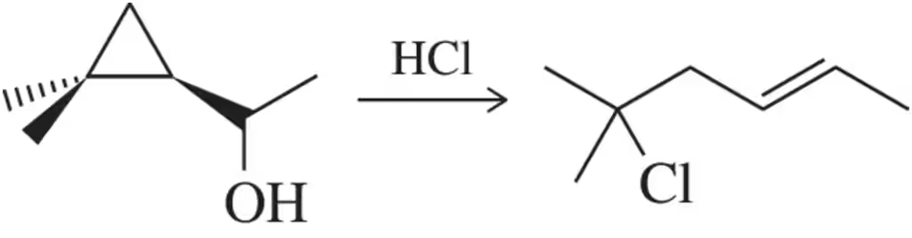 Chemical reaction diagram showing a dehydration reaction with an alcohol converting to an alkyl chloride using HCl.