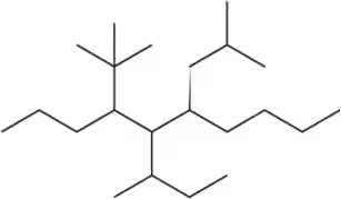 Structural formula of a branched alkane with multiple carbon chains and substituents.