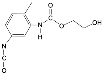 Chemical structure of a monomer formed from toluene diisocyanate and ethylene diol.