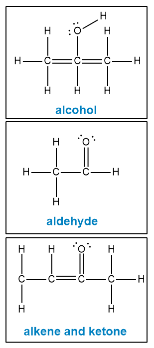 Lewis structures of alcohol, aldehyde, and ketone for organic chemistry.