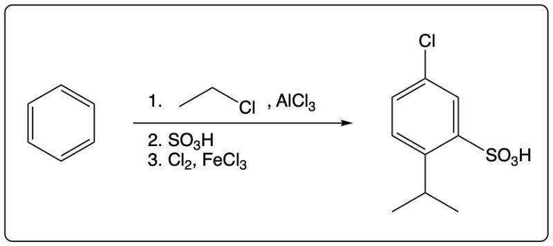 Reaction scheme for synthesizing a chlorosulfonic acid derivative from benzene in three steps.