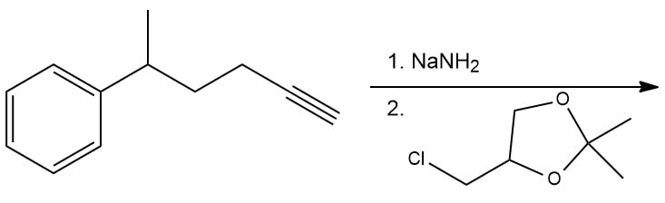 Acetylide alkylation reaction diagram with reactants and products.