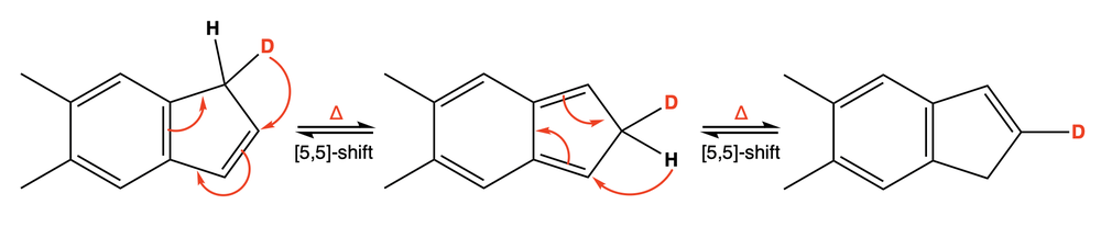 Illustration of a [5,5]-shift mechanism with deuterium distribution in a five-membered ring.