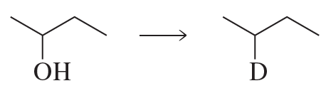 Chemical reaction showing the conversion of an alcohol (OH) to a compound with a deuterium (D) atom.