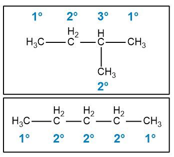 Hydrogen atoms in isopentane and pentane labeled as 1°, 2°, and 3° for identification.