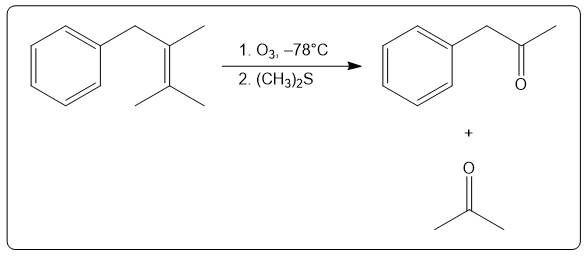 Synthesis pathway for carbonyl compounds using ozonolysis and sulfide treatment.