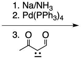 Reaction scheme showing Na/NH3 and Pd(PPh3)4 for synthesizing a compound from 1-pentyne.