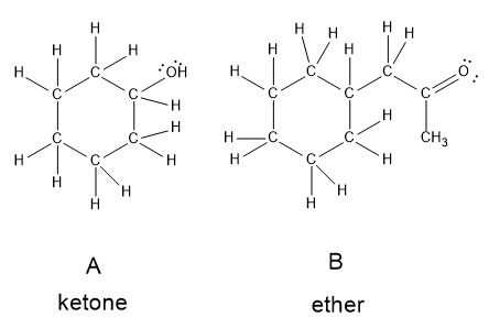 Lewis structures of two compounds labeled A and B, showing a ketone and an ether.