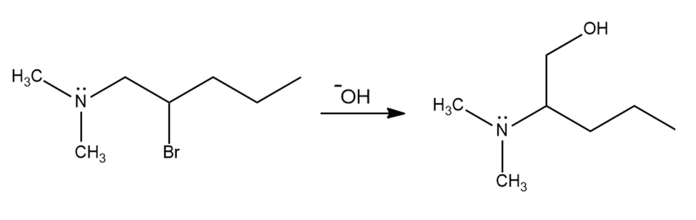 Chemical reaction showing Hofmann elimination of an amine with a bromo group and hydroxyl product.