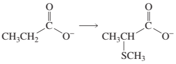 Chemical reaction showing the conversion of a carboxylate to a thioether with a methyl group.