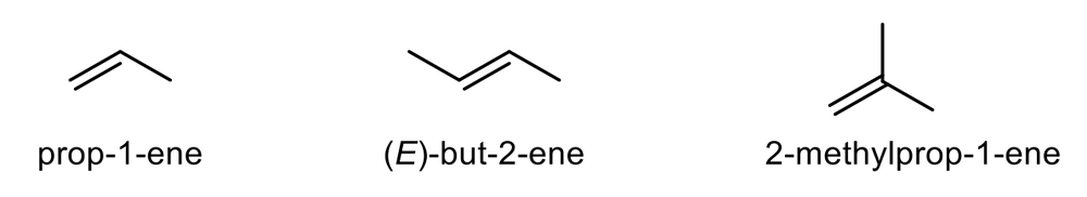 Structures of prop-1-ene, (E)-but-2-ene, and 2-methylprop-1-ene for polymer selectivity question.