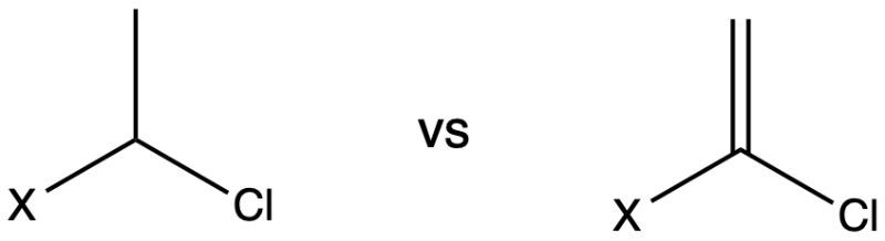 Comparison of two molecular structures for determining priority of substituents at chiral center X.