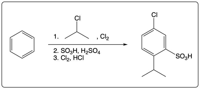 Reaction scheme showing benzene to chlorosulfonic acid derivative in three steps.