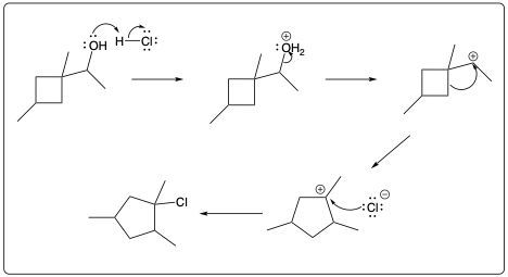 Arrow-pushing mechanism showing the reaction of alcohol with HCl to form a chlorinated compound.